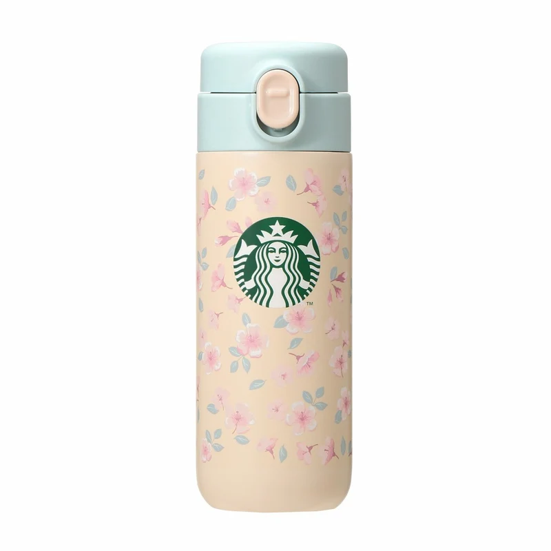 [Self-operated] Japan Starbucks 2024 Sakura Series Stainless Steel Insulated Cup Beige Blue Lid Snap Water Cup 381ml Easy to carry and long-lasting heat preservation