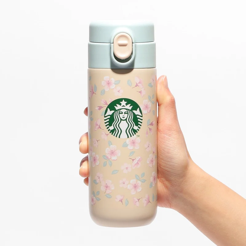 [Self-operated] Japan Starbucks 2024 Sakura Series Stainless Steel Insulated Cup Beige Blue Lid Snap Water Cup 381ml Easy to carry and long-lasting heat preservation