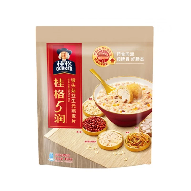 [Self-operated] China QUAKER Quaker 5 Run Hericium Prebiotic Oatmeal 450g ready-to-eat nutritious breakfast meal replacement powder