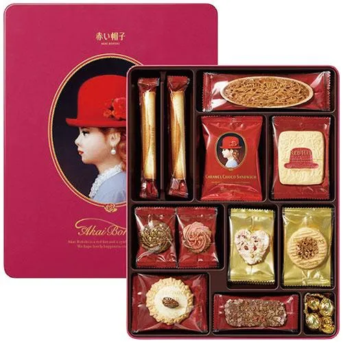 [Self-operated] Japan AKAIBOHSHI Red Hat Pink Box Holiday Assorted Cookies Snacks 11 Flavors 31 Pieces 269.2g Great Gift
