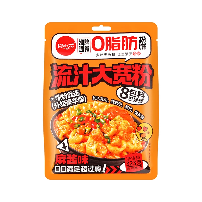 [Self-operated] China Tian Xiaohua large wide noodles with liquid juice, sesame sauce flavor, upgraded deluxe version 323g 8 packs of 0 fat powder cake, Shandong hot pot wide noodles self-cooked for late night snacks