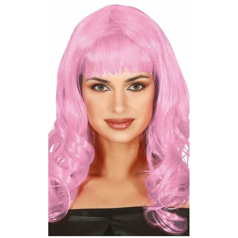 Lange Perücke mit Pony rosa