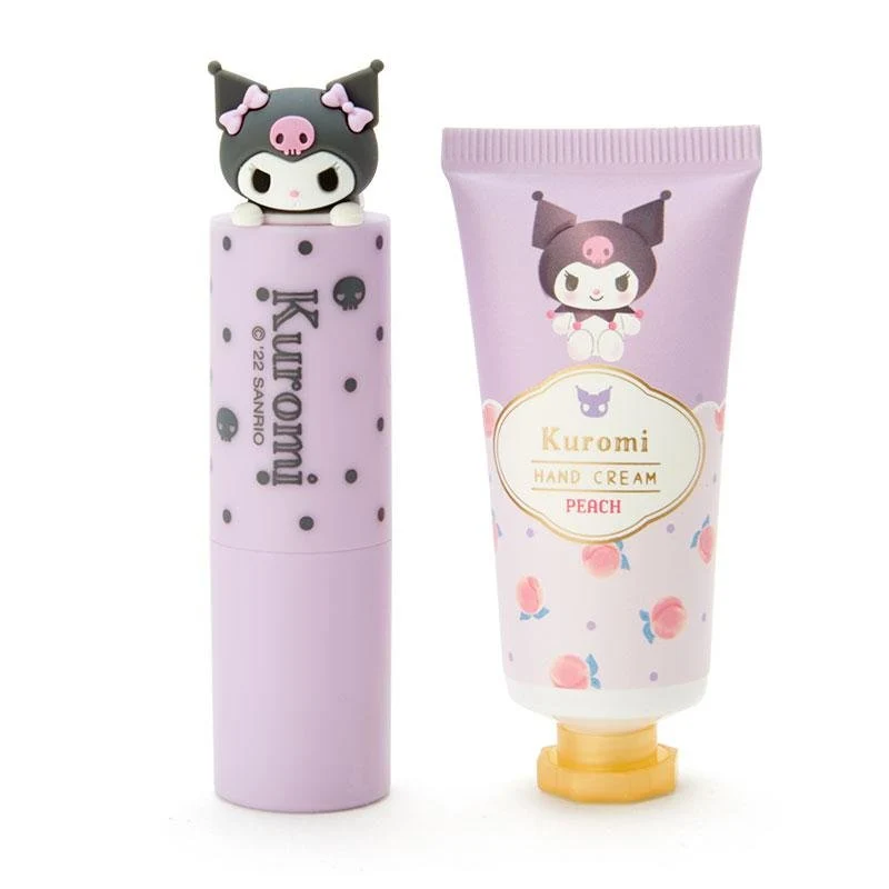 [Self-operated] Japanese Sanrio lip balm + hand cream set, Kuromi Peach Fragrance Portable and Practical Set