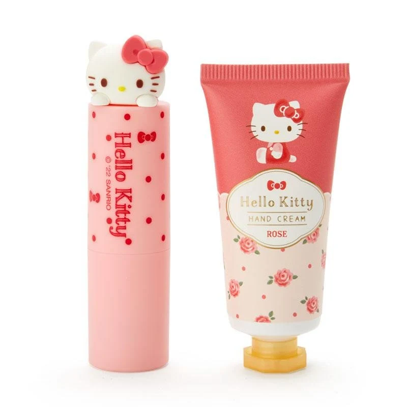 [Self-operated] Japanese Sanrio lip balm + hand cream set Kitty cat rose scent portable practical set