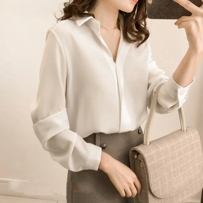 [US Warehouse] Women's Chiffon Shirt Solid Color Women's Loose Shirt Long Sleeve Shirt Simple OL