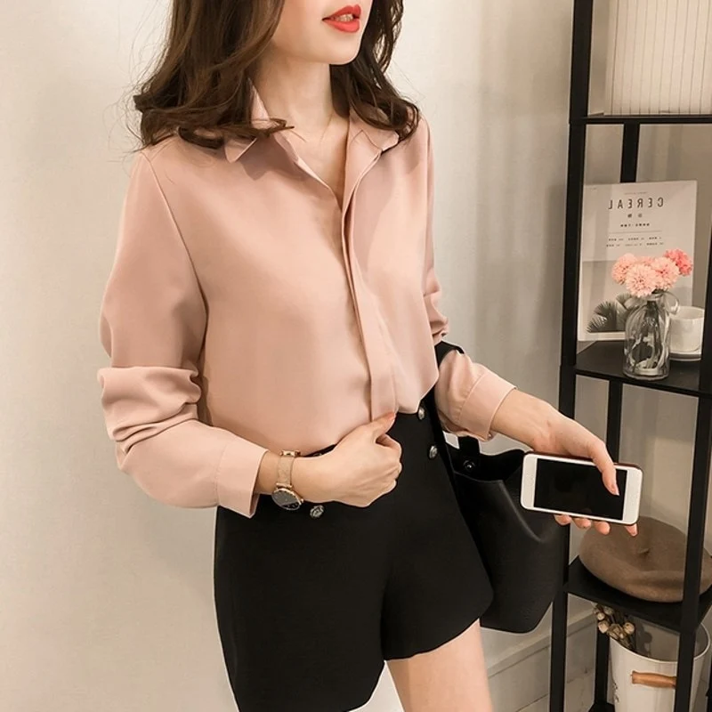 [US Warehouse] Women's Chiffon Shirt Solid Color Women's Loose Shirt Long Sleeve Shirt Simple OL