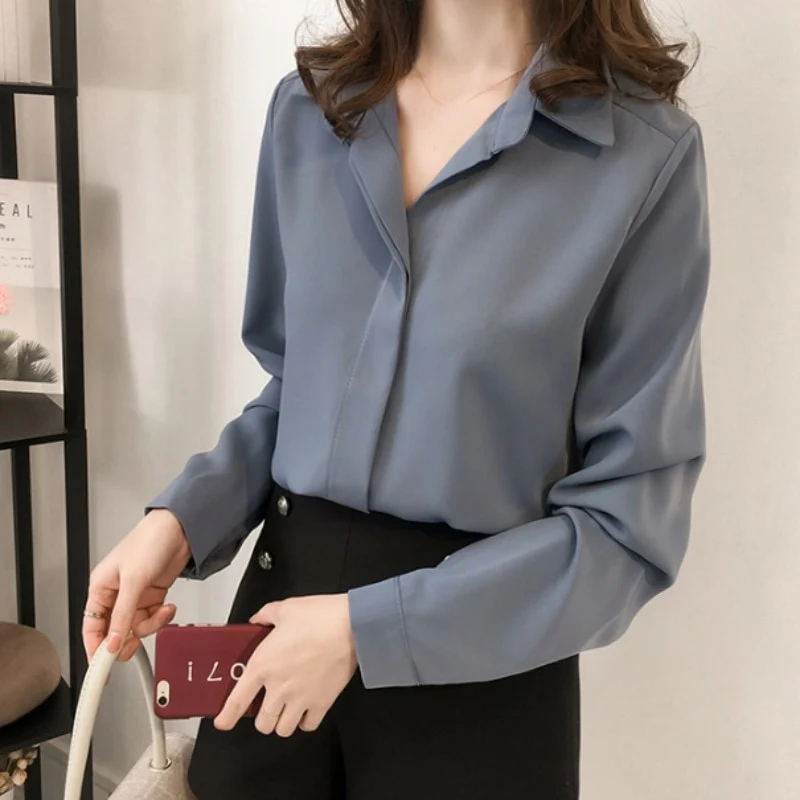 [US Warehouse] Women's Chiffon Shirt Solid Color Women's Loose Shirt Long Sleeve Shirt Simple OL
