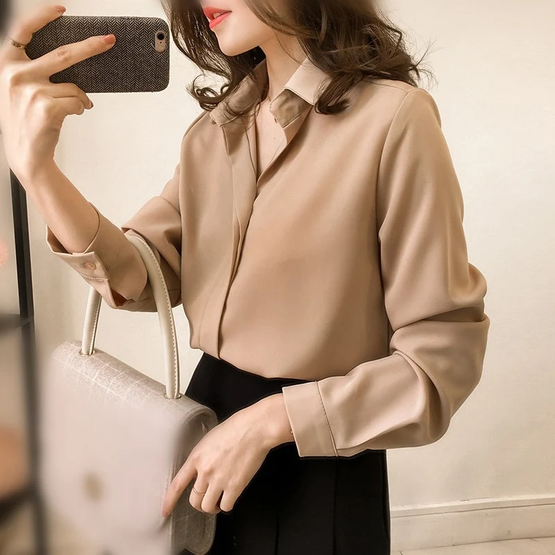 [US Warehouse] Women's Chiffon Shirt Solid Color Women's Loose Shirt Long Sleeve Shirt Simple OL