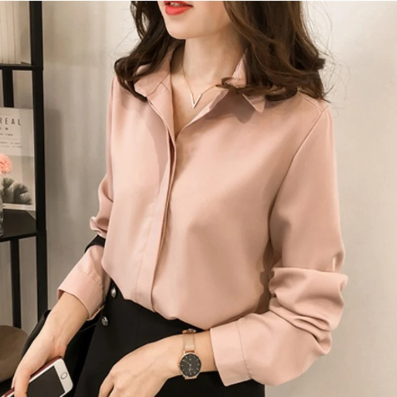 [US Warehouse] Women's Chiffon Shirt Solid Color Women's Loose Shirt Long Sleeve Shirt Simple OL