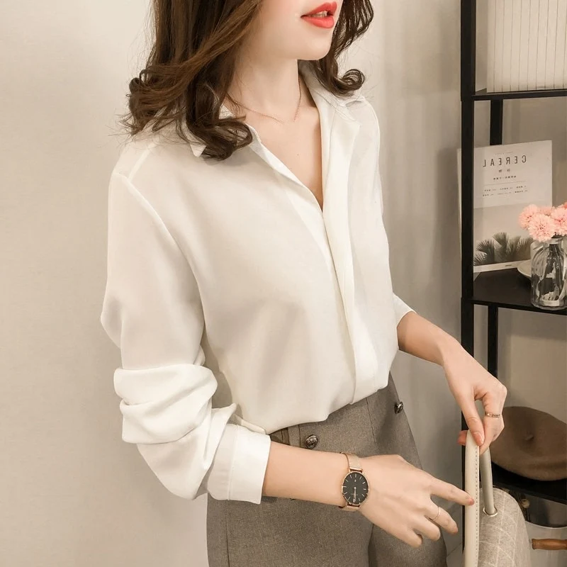 [US Warehouse] Women's Chiffon Shirt Solid Color Women's Loose Shirt Long Sleeve Shirt Simple OL