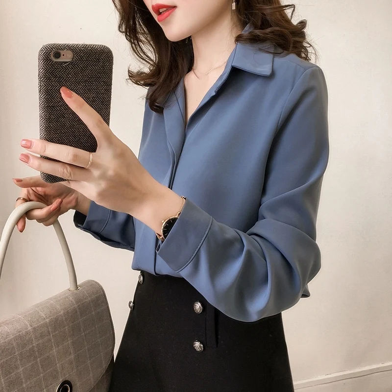 [US Warehouse] Women's Chiffon Shirt Solid Color Women's Loose Shirt Long Sleeve Shirt Simple OL