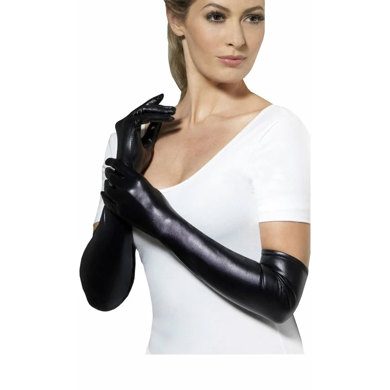 Lange schwarze Kunstleder-Handschuhe