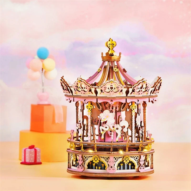 [Self-operated] China Robotime Rokr Rokr Joint Mechanical Carousel Music Box Carousel Dream Edition Single Pack DIY Handmade Music Box Wooden Assembly Puzzle Birthday Gift