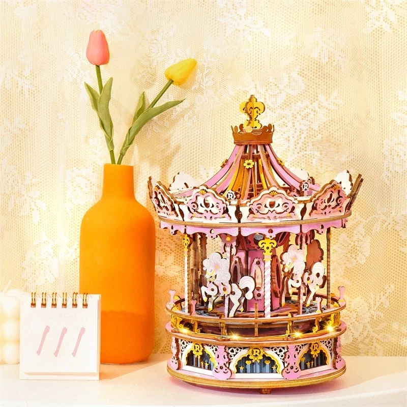 [Self-operated] China Robotime Rokr Rokr Joint Mechanical Carousel Music Box Carousel Dream Edition Single Pack DIY Handmade Music Box Wooden Assembly Puzzle Birthday Gift