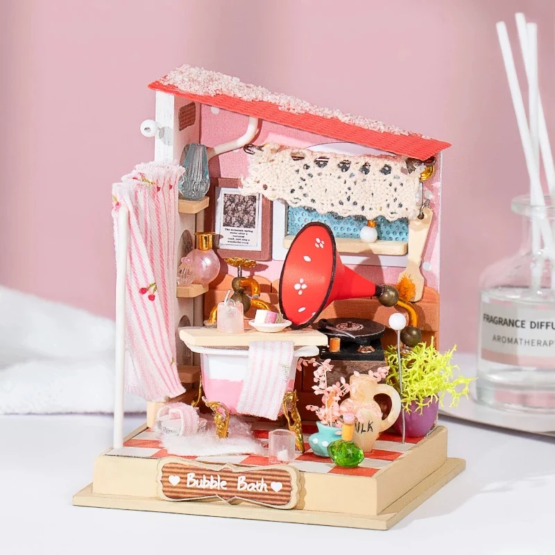 [Self-operated] China Robotime Rolife Ruolai square inch art house bubble bath single package DIY handmade 3D assembled model three-dimensional puzzle wooden ornaments holiday gift (does not include glue, because it is prohibited in international transportation)