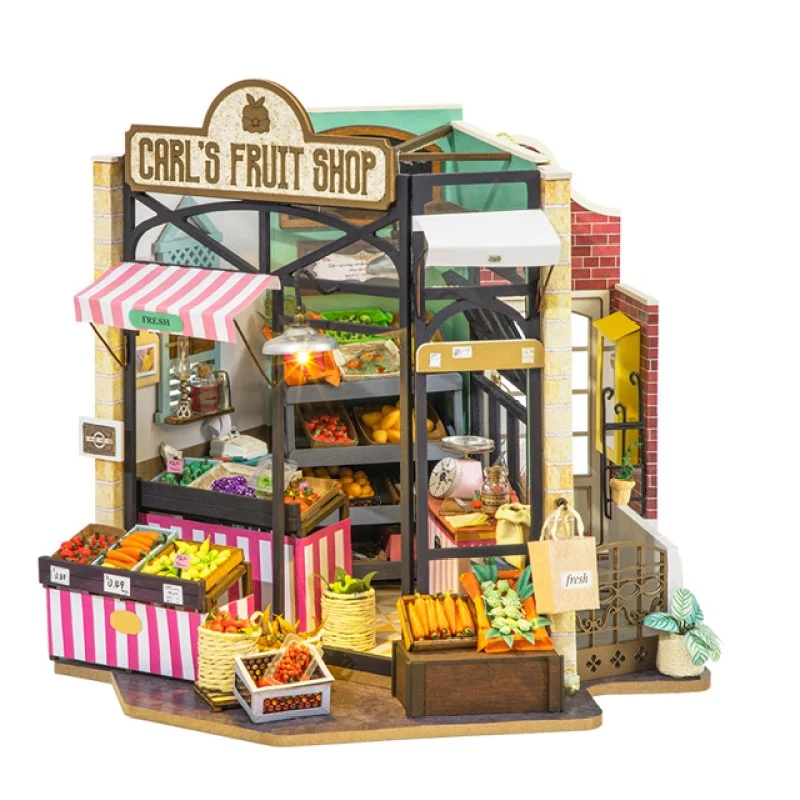 [Self-operated] China Robotime Rolife Ruolai Happy Corner Carl's Fruit Shop Single Pack DIY Handmade 3D Assembled Model Three-dimensional Puzzle Wooden Ornament Holiday Gift (Does not include glue and batteries because they are prohibited in international transportation)