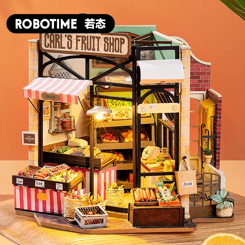 [Self-operated] China Robotime Rolife Ruolai Happy Corner Carl's Fruit Shop Single Pack DIY Handmade 3D Assembled Model Three-dimensional Puzzle Wooden Ornament Holiday Gift (Does not include glue and batteries because they are prohibited in international transportation)