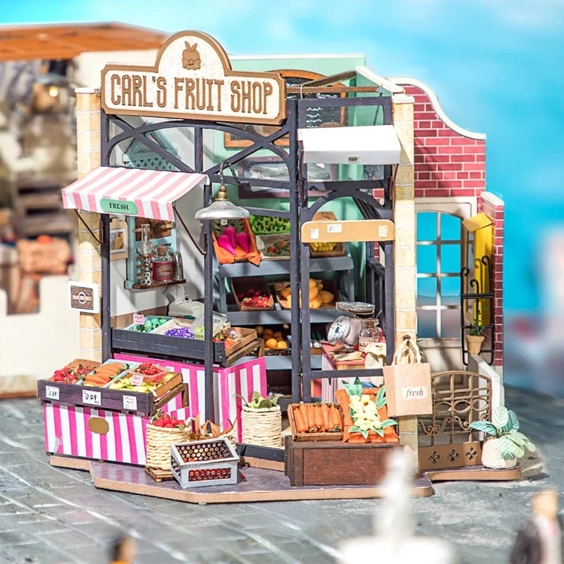 [Self-operated] China Robotime Rolife Ruolai Happy Corner Carl's Fruit Shop Single Pack DIY Handmade 3D Assembled Model Three-dimensional Puzzle Wooden Ornament Holiday Gift (Does not include glue and batteries because they are prohibited in international transportation)