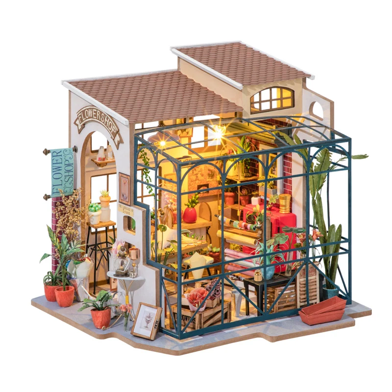 [Self-operated] China Robotime Rolife Ruolai Happy Corner Emily's Flower Shop Single Pack DIY Handmade 3D Assembled Model Three-dimensional Puzzle Wooden Ornament Holiday Gift (Does not include glue and batteries because they are prohibited in international transportation)