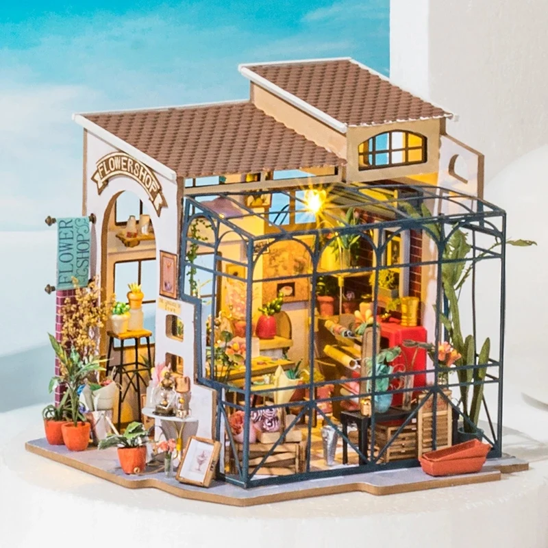 [Self-operated] China Robotime Rolife Ruolai Happy Corner Emily's Flower Shop Single Pack DIY Handmade 3D Assembled Model Three-dimensional Puzzle Wooden Ornament Holiday Gift (Does not include glue and batteries because they are prohibited in international transportation)