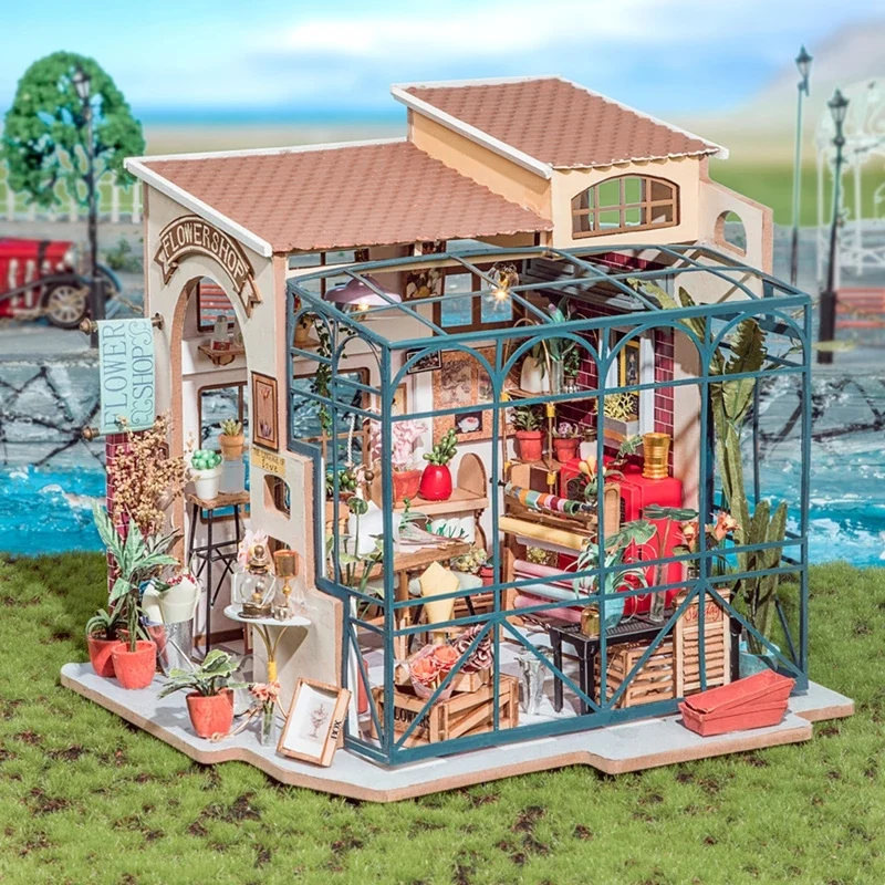 [Self-operated] China Robotime Rolife Ruolai Happy Corner Emily's Flower Shop Single Pack DIY Handmade 3D Assembled Model Three-dimensional Puzzle Wooden Ornament Holiday Gift (Does not include glue and batteries because they are prohibited in international transportation)