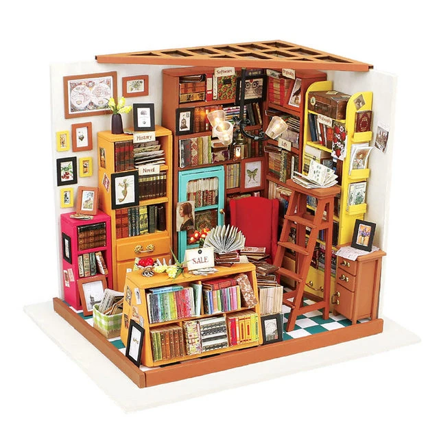 [Self-operated] China Robotime Rolife Ruolai A House Sam Bookstore Single Pack DIY Handmade 3D Assembled Model Three-dimensional Puzzle Wooden Ornament Holiday Gift (Does not include glue and batteries because they are prohibited in international transportation)