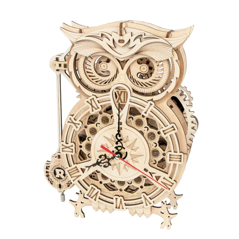 [Self-operated] China Robotime Rokr Mechanical Time Mark Owl Desk Clock Single Pack DIY Handmade Model Building Blocks 3D Three-dimensional Puzzle Assembled Wooden Ornaments Holiday Gifts (Battery not included because it is prohibited in international transportation)