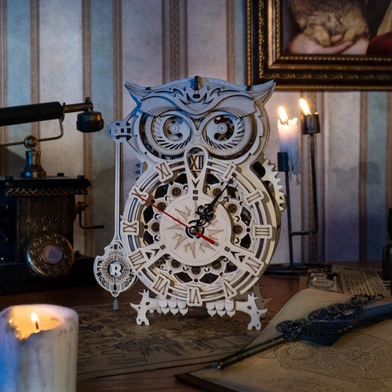[Self-operated] China Robotime Rokr Mechanical Time Mark Owl Desk Clock Single Pack DIY Handmade Model Building Blocks 3D Three-dimensional Puzzle Assembled Wooden Ornaments Holiday Gifts (Battery not included because it is prohibited in international transportation)