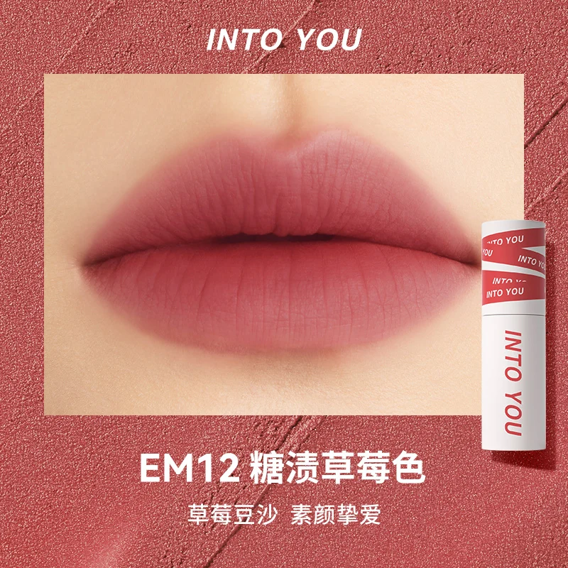 [Self-operated] INTOYOU Heart of Love with You Heroine Lip Mud Matte Velvet Matte Lip Glaze Lipstick EM12 Candied Strawberry Color for Lip and Cheek Dual Use