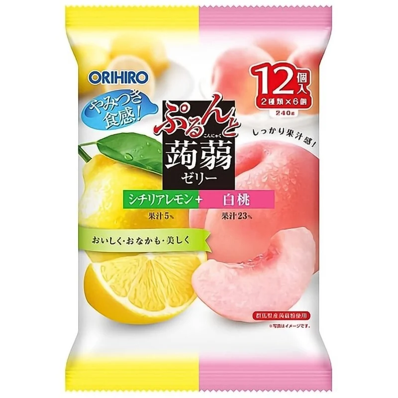 [Self-operated] Japanese ORIHIRO low-calorie konjac juice jelly 12 pieces, ready to eat, lemon + white peach double flavor