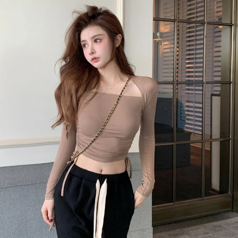 [US Warehouse] Long-sleeved bandage slim fit T-shirt for women, versatile sexy hottie personalized short creative streetwear