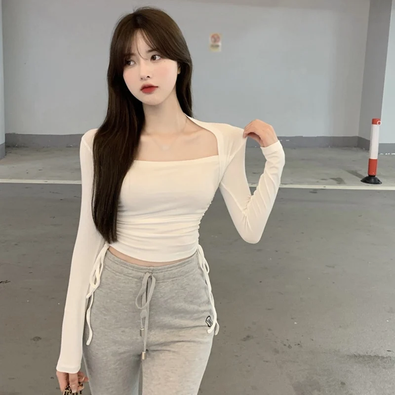 [US Warehouse] Long-sleeved bandage slim fit T-shirt for women, versatile sexy hottie personalized short creative streetwear
