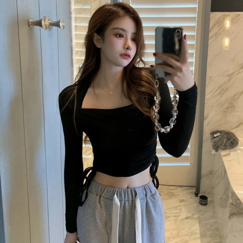 [US Warehouse] Long-sleeved bandage slim fit T-shirt for women, versatile sexy hottie personalized short creative streetwear