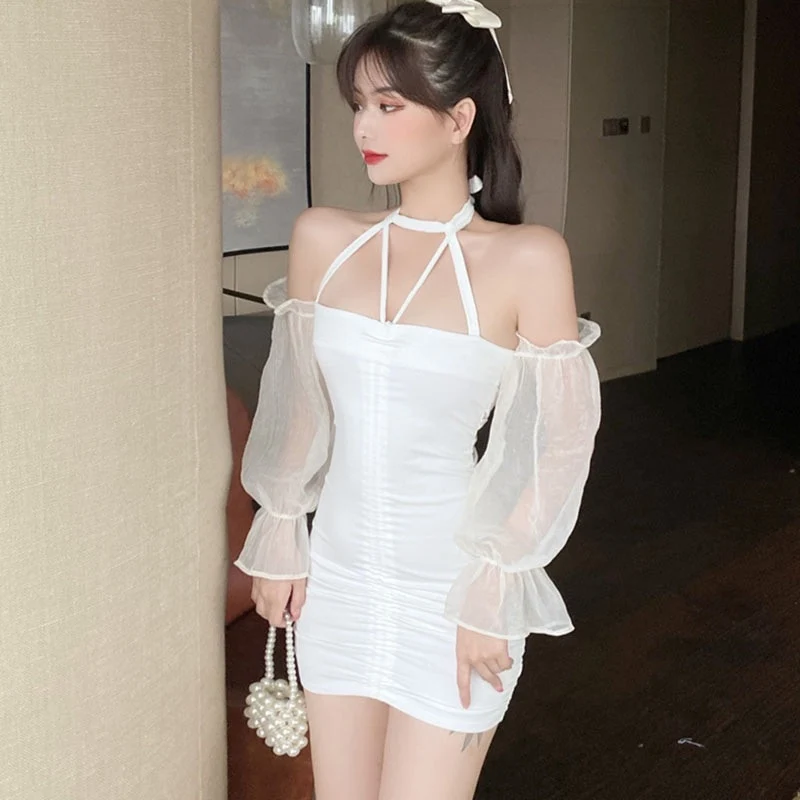 [US Warehouse] Dress Women's Single Shoulder Collar Women's High Waist Long Sleeve A-Line Skirt Dress