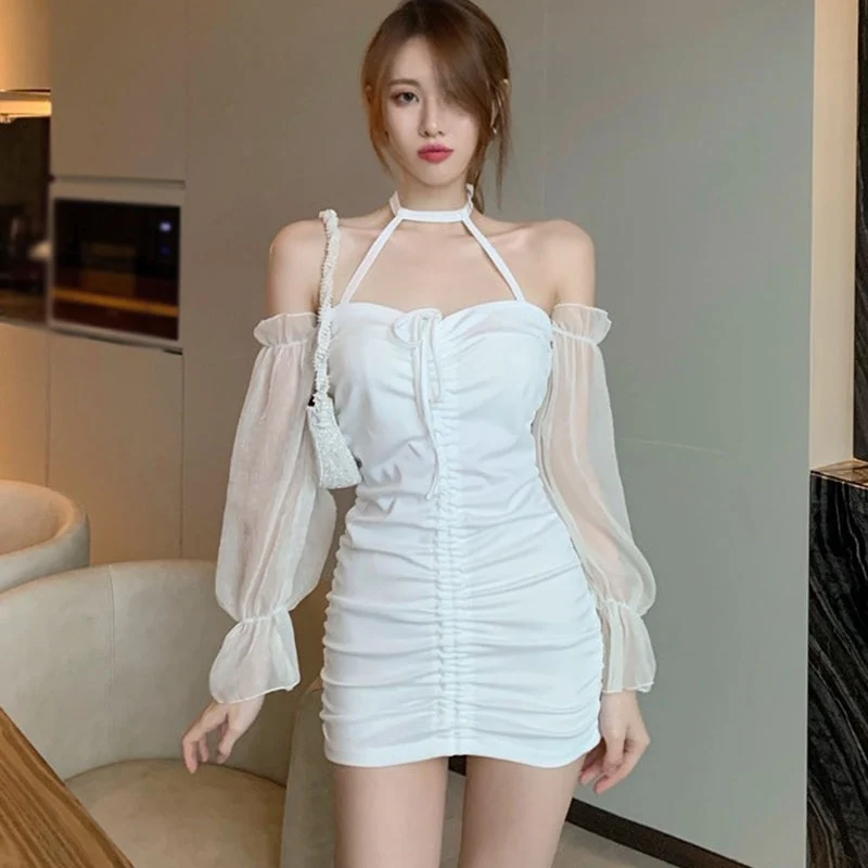 [US Warehouse] Dress Women's Single Shoulder Collar Women's High Waist Long Sleeve A-Line Skirt Dress