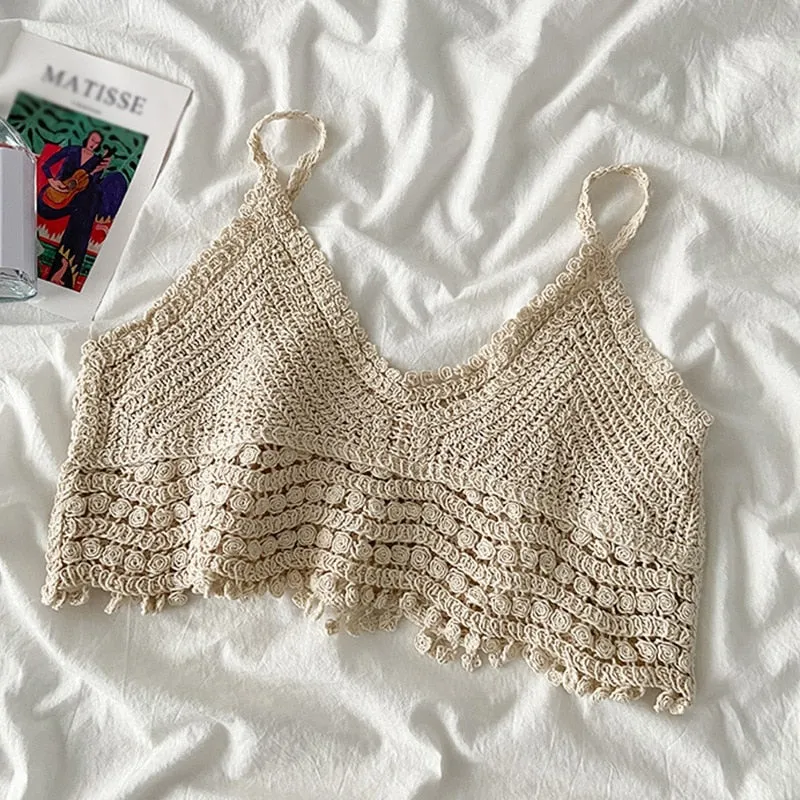 [US Warehouse] Korean-style sweet knitted camisole, crochet V-neck sleeveless spaghetti straps, hollow navel top