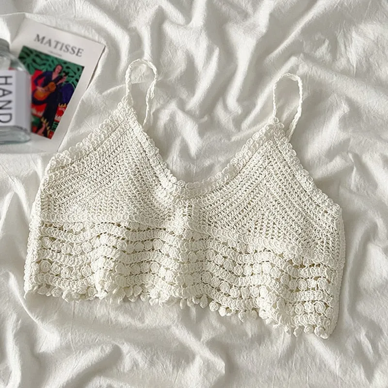 [US Warehouse] Korean-style sweet knitted camisole, crochet V-neck sleeveless spaghetti straps, hollow navel top