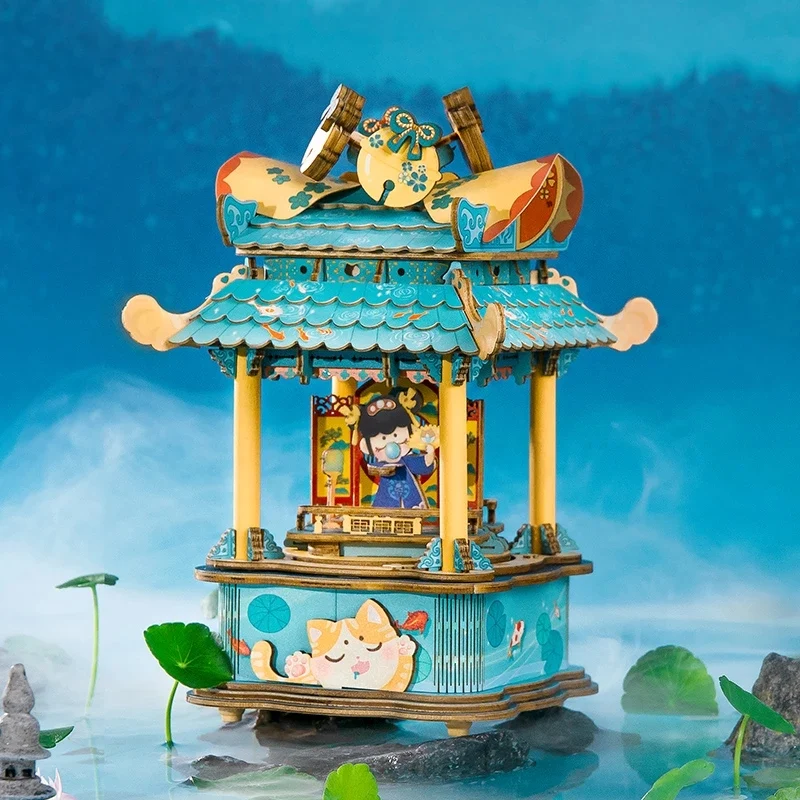 [Self-operated] China Robotime Rolife Ruolai ancient style music box and Junxi single package DIY handmade music box wooden assembled puzzle birthday gift (does not include glue and batteries because they are prohibited in international transportation)