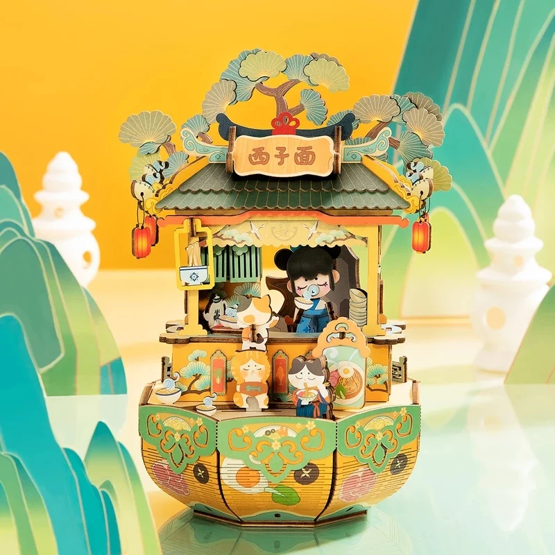 [Self-operated] China Robotime Rolife Ruolai ancient style music box Xizi noodles single package DIY handmade music box wooden assembled puzzle birthday gift (does not include glue and batteries because they are prohibited in international transportation)