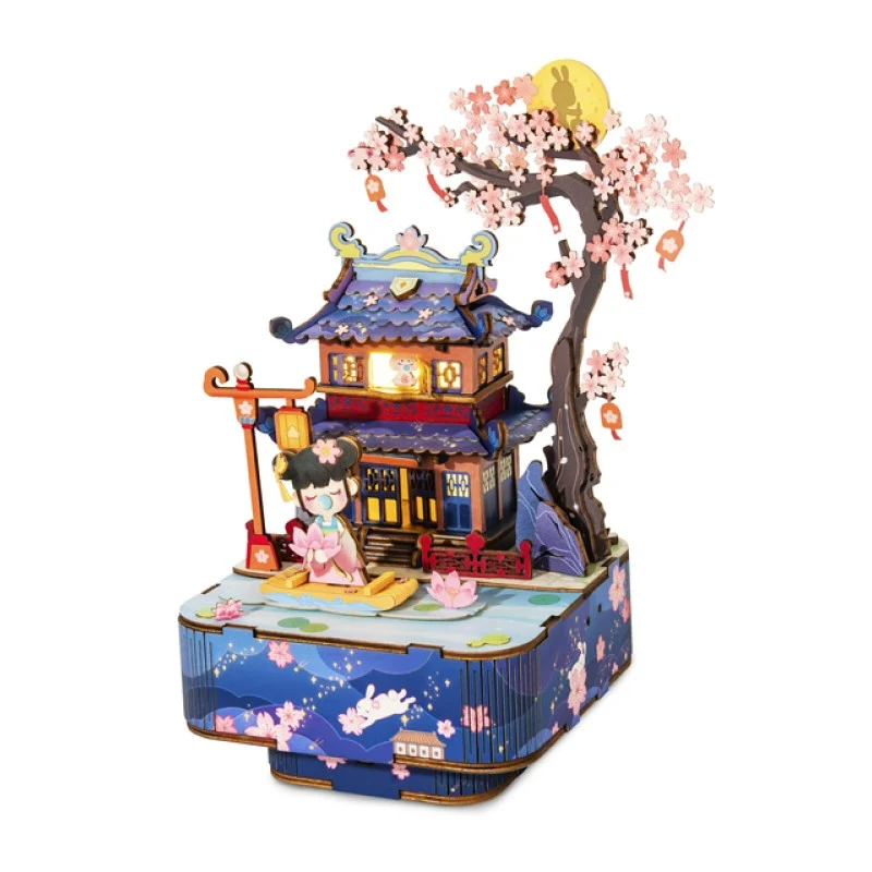 [Self-operated] China Robotime Rolife Ruolai ancient style music box drunk flower lantern single package DIY handmade music box wooden assembled puzzle birthday gift (does not include glue and batteries because they are prohibited in international transportation)