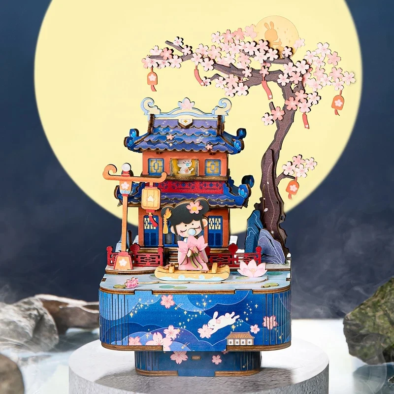 [Self-operated] China Robotime Rolife Ruolai ancient style music box drunk flower lantern single package DIY handmade music box wooden assembled puzzle birthday gift (does not include glue and batteries because they are prohibited in international transportation)