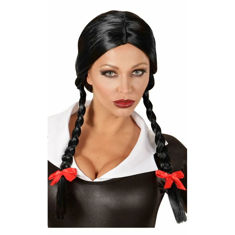Gruseliges Gothic Mädchen Perücke Schwarz Zöpfe für Damen