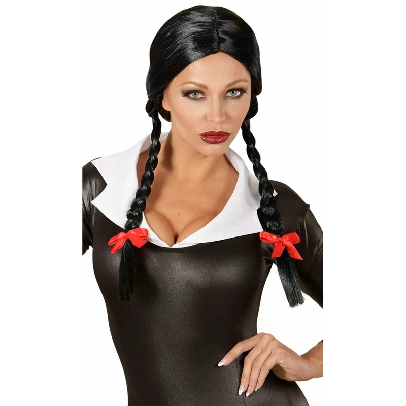 Gruseliges Gothic Mädchen Perücke Schwarz Zöpfe für Damen