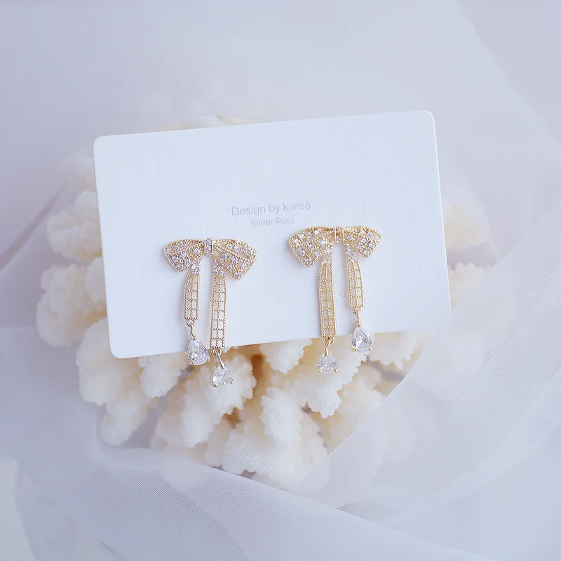 [Self-operated] Luxurious 14K gold bow earrings, exquisite micro-encrusted cubic zirconia CZ earrings jewelry pendant