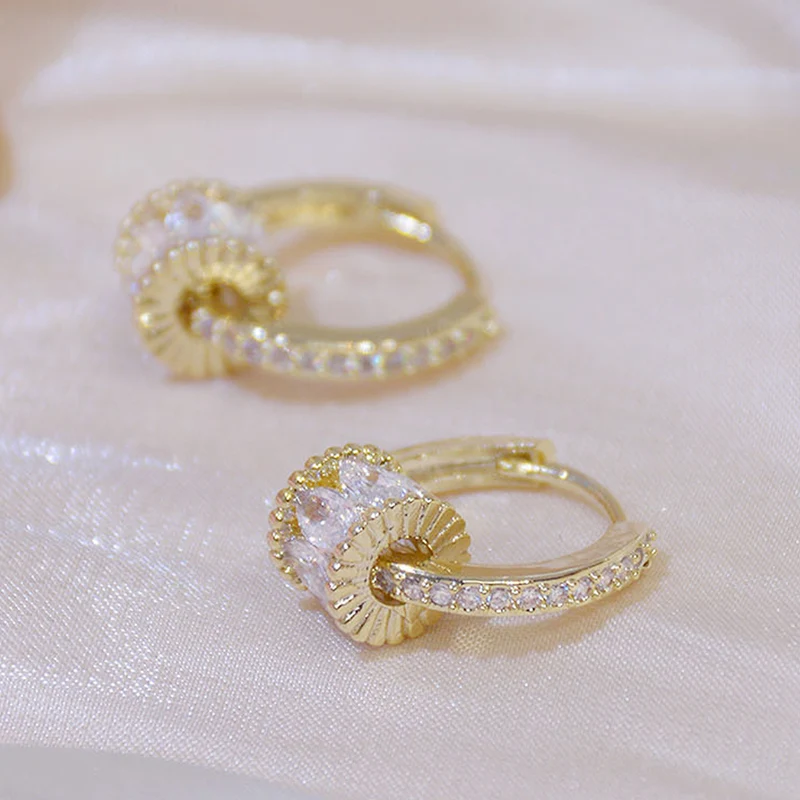 [Self-operated] Korean fashion 14K gold good-luck earrings, women's high-quality rotatable Bling zirconia clip-on earrings