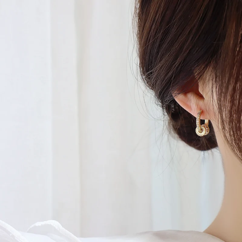 [Self-operated] Korean fashion 14K gold good-luck earrings, women's high-quality rotatable Bling zirconia clip-on earrings