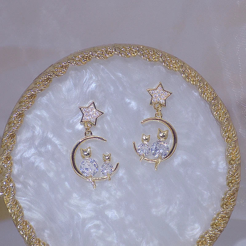 [Self-operated] Cute Kitten Shining Diamond Earrings for Women Bling AAA Zircon 14K Gold Earrings Anniversary Star Jewelry Pendant