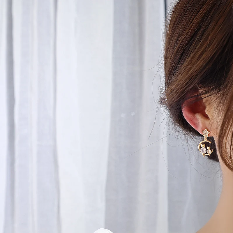 [Self-operated] Cute Kitten Shining Diamond Earrings for Women Bling AAA Zircon 14K Gold Earrings Anniversary Star Jewelry Pendant
