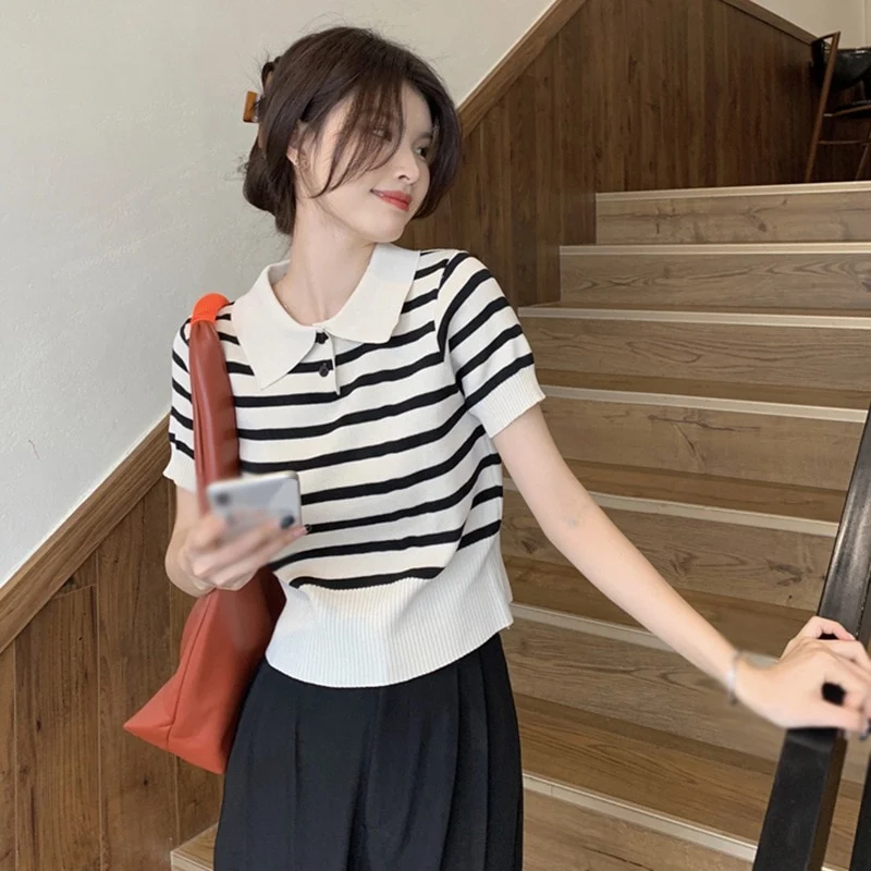 [US Warehouse] Women's Retro Striped Lapel Slim Fit Top Casual Short Sleeve Knitted Shirt