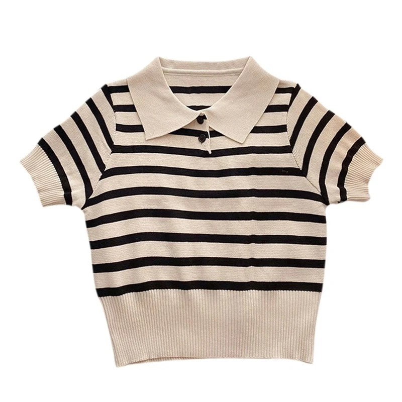 [US Warehouse] Women's Retro Striped Lapel Slim Fit Top Casual Short Sleeve Knitted Shirt